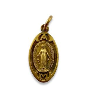 Vintage Art Deco Sacred Heart of Jesus Virgin Mary Brass Plated Oval Medal Charm